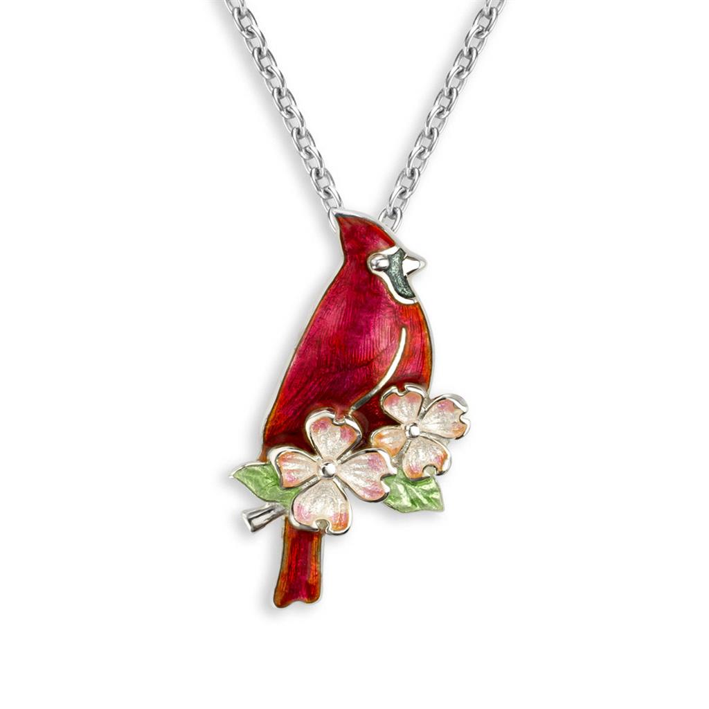 Red Cardinal And Dogwood Enameled Necklace