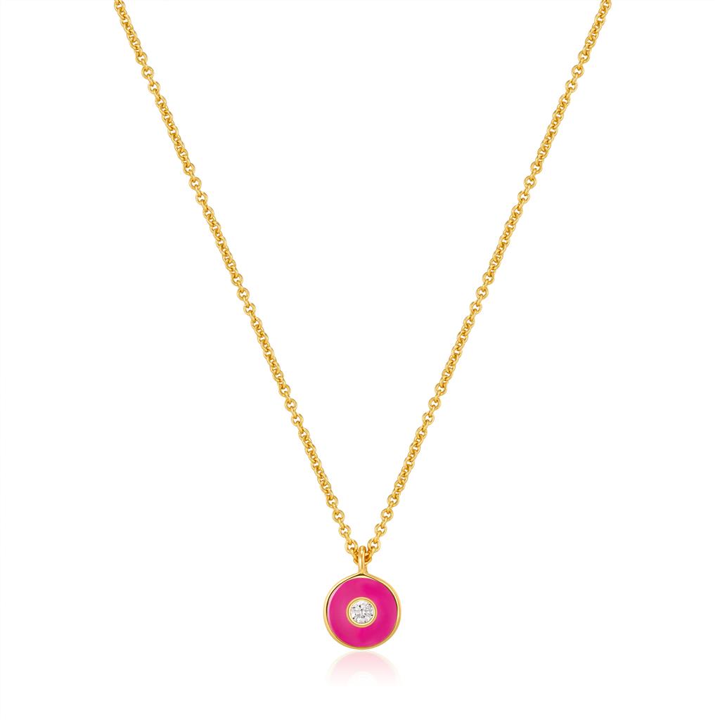 Neon Pink Enamel Disc Necklace