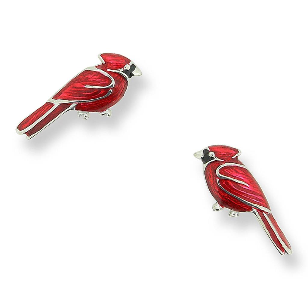 Red Cardinal Bird Enameled Earrings